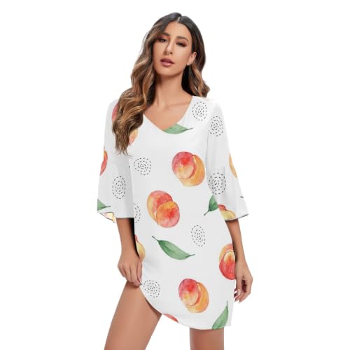 Robe imprimé fête d'été col V motif pêches et feuilles blanches vert