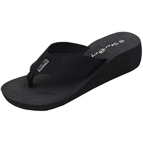 Women's Wedge Canvas Thong Sandal Flip Flops Black Cover
