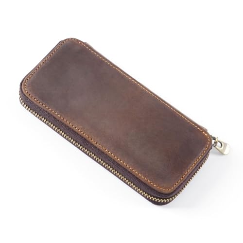 DONGKER Leather Pencil Pouch Case,Zippered Pen Pencil Stationery Bag with 3 Elastic Rope Pen Places& 1 Card Clip for Office