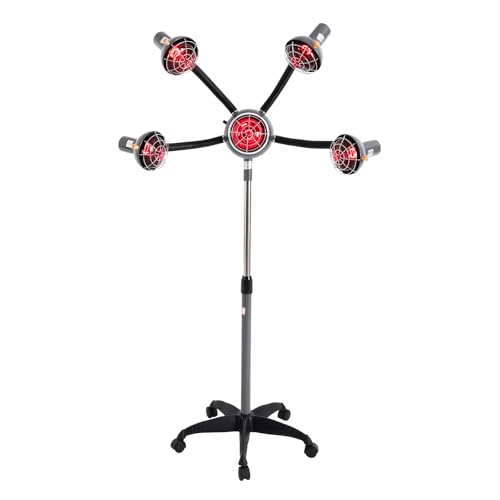 5 Head Infrared Light Heat Therapy Red Lamp, Salon Hair Steamer Perming Dyeing Adjustable Height Machine with Rolling Wheels, Infrared Dryer Hair Drying Care, Standing Infrared Heater (Black)