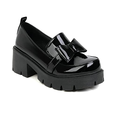 Liuyuetao Damen-Plateau-Slipper mit Schleife, niedriger klobiger Absatz, Schlupfschuh, Lackleder, Uniform, Oxford-Schuhe, Vintage, runder Zehenbereich, bequeme Wanderschuhe Cover