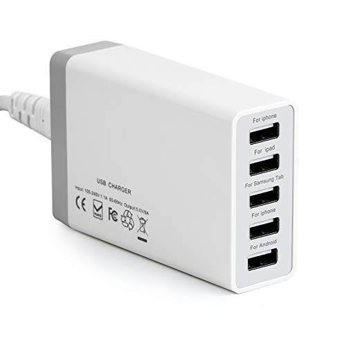 5-Port USB Charging Stations for Multiple Devices, Desktop 40W 8A Multi USB Wall Charger Compatible with Tablet, Phone, Cell Devices Product, Android Phone and All USB Port Devices