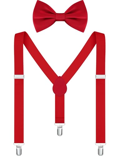 MagicSite Red Suspenders for Boys Elastic Bow Tie Kids Girls Toddlers Adjustable Elastic Y-Back Design & Sturdy Clips for Age 13-16 Years