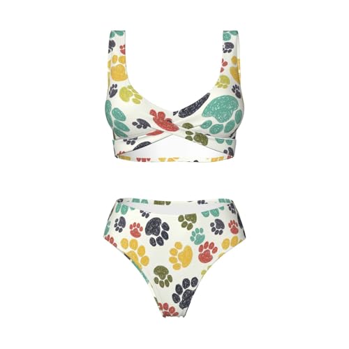 Bikini de dos piezas con cuello en U y estampado de huellas para mujer 5