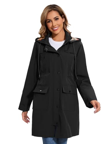 Tuopuda Regenjacke Damen Wasserdichte Übergangsjacke Lange Regenmante Windbreaker Jacke Leicht mit Abnehmbare Kapuze Regenparka Atmungsaktiv für Frühling Sommer Herbst, Schwarz, M