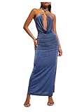Floerns Women's Metal Draped Halter Dress Criss Cross Ruched Backless Slit Maxi Dresses Blue Medium