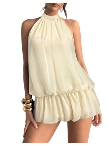 Floerns Women's Y2k Summer Halter Dress Tie Open Back Sleeveless Ruffle Hem Bubble Going Out Mini Dresses Apricot Small