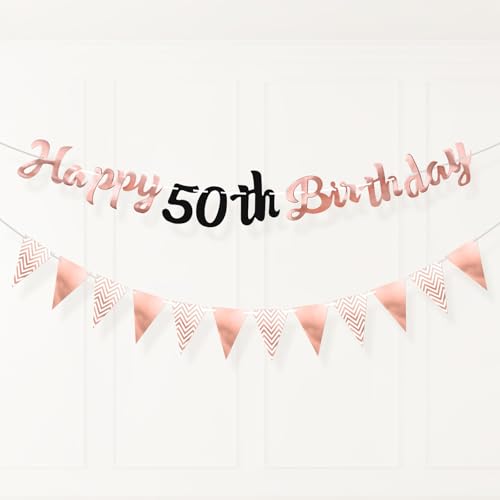PartyYaa 50. Födelsedagsbanderoll dekoration, 50-årsdagen girlang & trekantig flagga, roséguld partydekoration för män och kvinnor