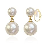 OWADAR Pearl Clip on Earrings 18K Gold Plated Double Balls Dangle Drop Clip-On Earrings for Women Non Pierced Lightweight Earring - Pearls