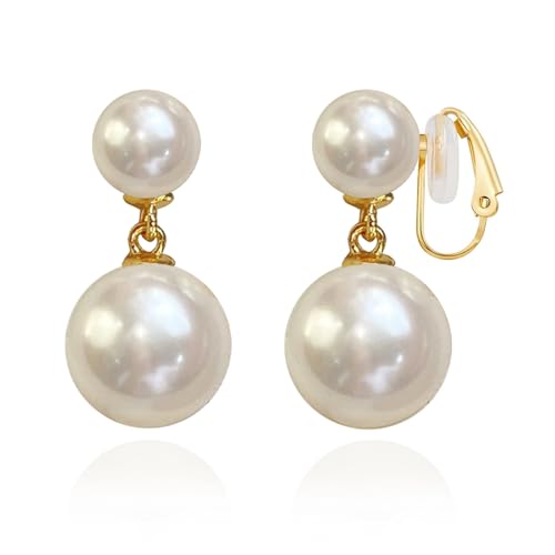 Pearl Clip on Earrings 18K Gold Plated Balls Pearl Dangle Earrings for Women Non Pierced Earrings
