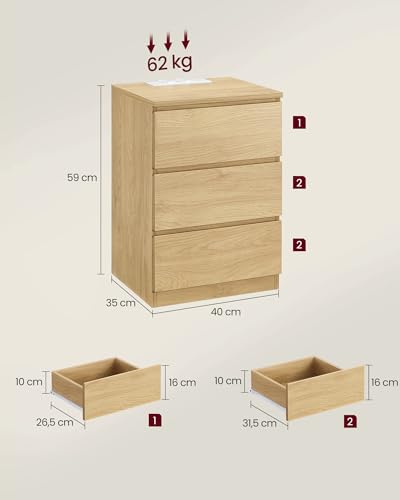 VASAGLE Nachttisch mit Steckdosenleiste, 3 Schubladen, 2 AC-Steckdosen – Ansicht 2