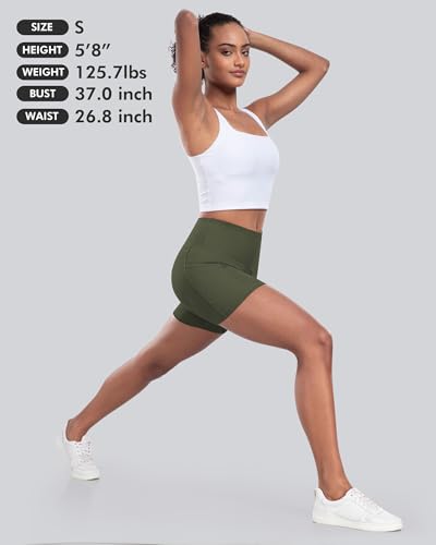 CHRLEISURE Womens Biker Yoga Shorts with Pocket, High Waisted Tummy Control 5 Inch Workout Spandex Athletic Gym Shorts(5&rdquo; Army Green,M)