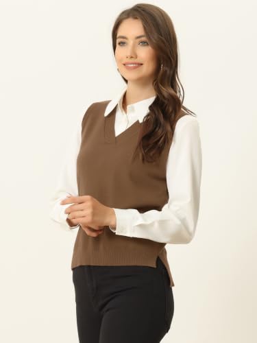 Image of Allegra K Women's V Neck Sweater Vest Knit Pullover Sleeveless Sweater Top | v neck, sleeveless, solid color, high low hem, basic pullover sweater vest, knit fabric, spring casual top