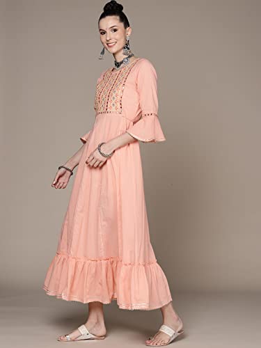 Image of anubhutee Women's Maxi Cotton Lavender Mirror Work Embroidered A-Line Indo Western Dress