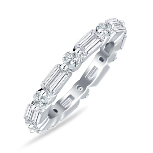OMRANII Minimalist Full Eternity 3mm Alternating Emerald Cut & Round Cubic Zirconia Stackable Classic Style Wedding Band 925 Sterling Silver