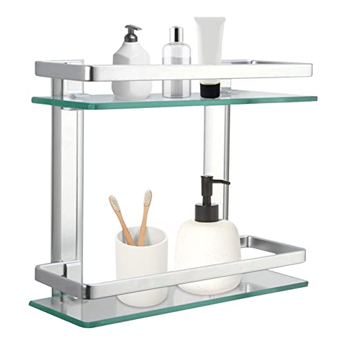 Comfecto 2 Tier Bathroom Glass Shelves, Wall Mounted Tempered Glass Shelf Organizer Storage Holder With 14 Inch Rectangular Glass 8Mm Thick, And Aluminum Rail For Shower Lavatory, Hardware Included #TOP1
