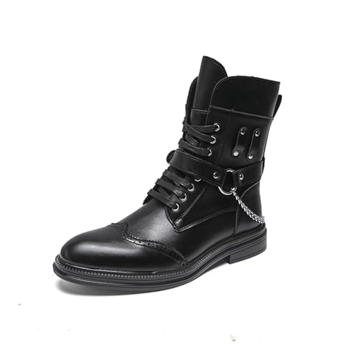 Men's Leather Lace Up Wingtip Combat Boots with Flat Heel Brogue Chain Strap Comfortable Round Toe Breathable Soft Insole Retro Boots for Daily Commute Outdoor Walking Formal Business Office (Black,8.5)
