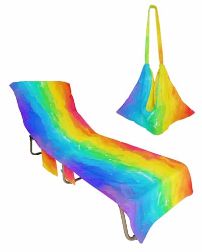 Rainbow Oil Painting Beach Lounge Chair Towel Cover, Soft Chaise Lounge Towel with Side Pockets Patio Pool Chairs Cover for Beach/Pool Sunbathing 29x85 Watercolor Colorful Abstract Art