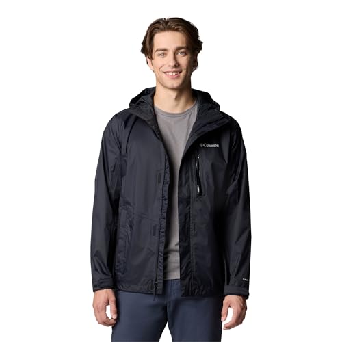 Columbia Men's Pouring Adventure Jacket, Waterproof Rain Jacket, Black, Size L