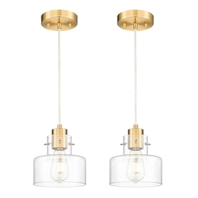 METWET 2 Pack Pendant Lights Kitchen Island, 6" Brushed Gold Pendant Light Fixtures Over Island with Clear Glass Shade, Modern Brass Kitchen Island Lighting for Dining Room Entryway, PL124-BG-2PK