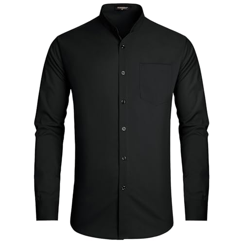 HISDERN Camisa Hombre Manga Larga Casual Camisa Negra Hombre Traje Cuello Mao Slim Fit Camisa Hombre con Botones de Boda M