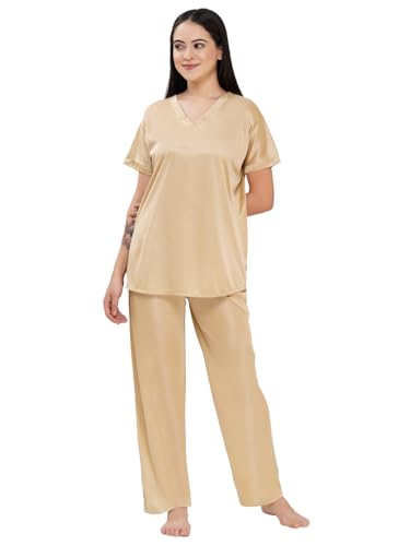 Image of Romaisa Women's Golden Satin Night Suit Set for Women - Stylish Pajama Set Sleepwear Lounge Wear Comfortable Nightwear