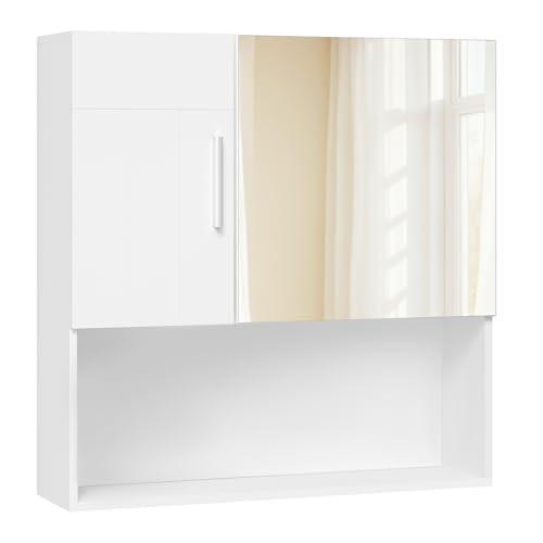 EUGAD Armadietto da Bagno con Specchio e Anta, Mobiletto Sospeso con 5 Scomparti, Pensile da Cucina, Soggiorno, Camera da Letto, in MDF e Metallo, Bianco