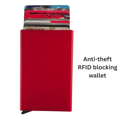 Image of Bracevor 10 Slot popup Aluminium Metal Card Holder Wallet | RFID Blocking | for Men & Women | Credit & Debit Cards - Red