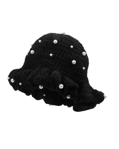Image of Women Crochet Bucket Hat Cute Winter Ruffled Brim Floppy Cap Handmade Knit Cloche Hats