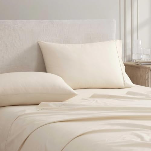 Image of Martha Stewart - Queen Size Sheets Set, Crisp & Tailored Cooling Sheets w /a Naturally Smooth Cotton Percale Lightweight Feel - Matching Pillowcases & Fitted Sheet (Skylands Solid Beige)