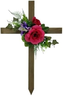 SEDLAV 23.5-Inch Outdoor Artificial Cemetery Floral Wood Cross: Fuchsia Rose Memorial Tribute