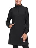 MoFiz Women's Fleece Dress Sweatshirt Long Half Zip Pullover Polar Tunic Winter Lounge Dress Warm Cover Ups with Pocket Black M