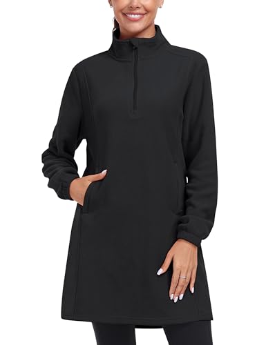 MoFiz Women's Fleece Dress Sweatshirt Long Half Zip Pullover Polar Tunic Winter Lounge Dress Warm Cover Ups with Pocket Black M