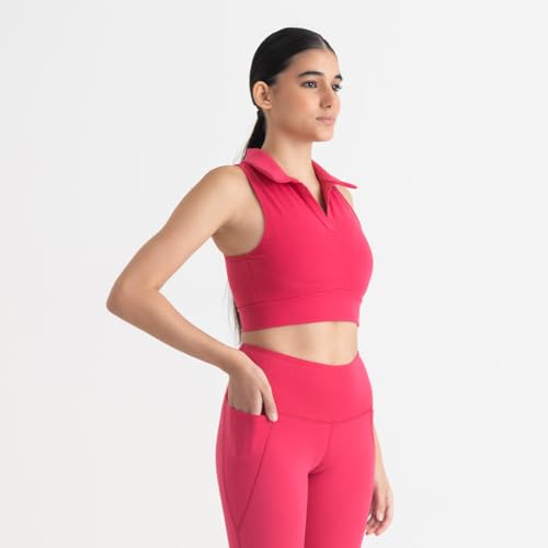 Image of HUNNIT 2 in 1 Sports Bra Crop Top - women's Polo Neck and Racerback styles with Medium Coverage, Lightly Padded, Stretchy Sports Bra perfect for Gym Workout and Sweat Wicking Fabric