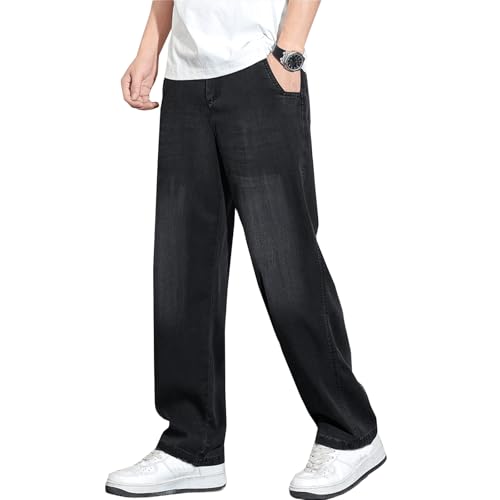 Viatabuna Elastic Waist Jeans for Men Stretch Waist Relaxed Fit Light Washed Baggy Straight Leg Pull On Jeans with Pockets