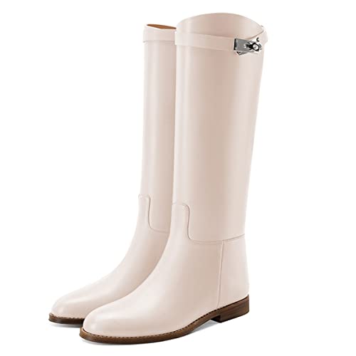 Ydn Women Classic Round Toe Under The Knee High Flat Riding Boots Pull On Mental Buckle Wide Calf Booties Combat Walking Boots Size 12 White #TOP28