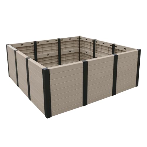 Tierra Verde 48-Inch x 48-Inch Raised Garden Bed with Tool-Free Connect System and Crafted from Recycled Materials, for Patios or Decks, Khaki