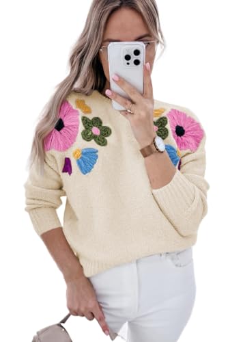 Stylish Long Sleeve Sweater: Beige Knitted with Flower Pattern