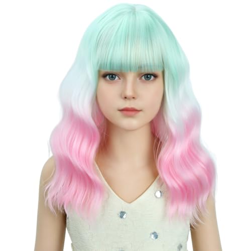 Image of Colorful Wig for Women Green White Pink Ombre Wig with Bangs Adult Short Wavy Curly Wigs Synthetic Cosplay Hair Wigs
