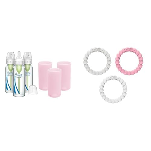 Dr. Brown's Anti-Colic Options+ Narrow Glass Baby Bottles 8oz, Level 1 Nipple, 0m+, 3-Pack with Pink Silicone Sleeves, Flexees Teether Rings, 3-Pack
