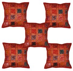 Indian Vintage Home Decor Cotton Cushion Cover With Embroidery & Patchwork, 41 X 41 Cm, Set Of 5 Pcs by Rajasthali Cover