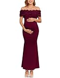 AISWI 3D Floral Off The Shoulder Maternity Dress Sexy Ribbed Mermaid Maxi Bodycon Pregnancy Dresses Baby Shower, 2. Sleeveless Burgundy, M