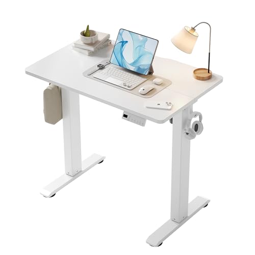 Image of YDN 32 inch Small Electric Standing Desk Adjustable Height, Sit Stand up Desk with Memory Presets & Cable Management, Home Office Desk for Office & Computer Workstation, White Frame /White Top