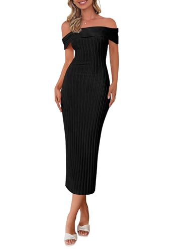 Image of PRETTYGARDEN Summer Dresses for Women Formal Off The Shoulder Midi Bodycon Ribbed Knit Spring Wedding Guest Dress (Black,Small)