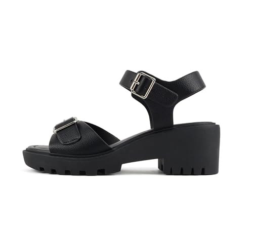 Soda Remo ~ Women Round Toe Buckle Strap Lug Sole Wedge Sandal