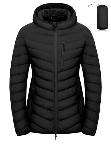Little Donkey Andy Women's Lightweight Packable Puffer Jacket Hooded Quilted Windproof Warm Insulation Winter Coat Black M