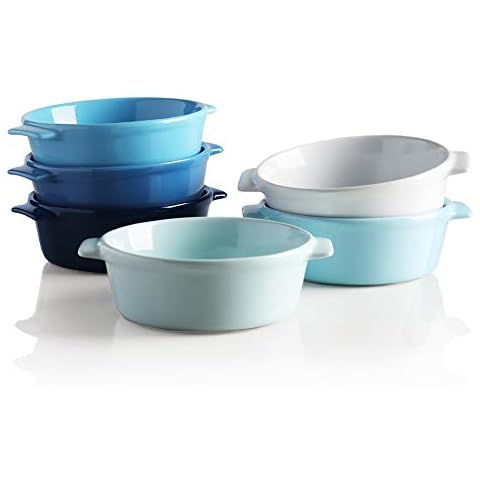 Sweejar Home Ceramic Souffle Dishes, Round Handle-Ramekins-Baking, 295 ML for Pudding,Creme Brulee,Souffle - Set of 6 (Similarcolour) Cover