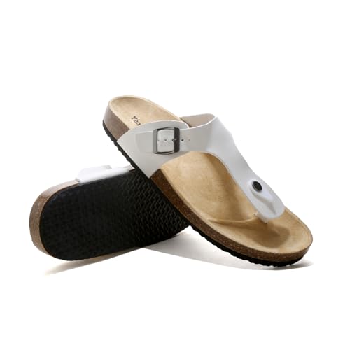 Zehentrenner Sandalen für Damen und Herren, Flip Flops Pantoletten mit Korkfußbett, Sommerschuhe für Unisex-Erwachsene, Weiß, EU 41