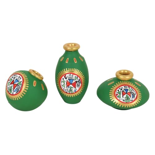 Image of Aakriti Art Creations Terra Trio Handpainted Vase Set of 3 | Warli Art Terracotta Vases in Green | Matte Finish Decorative Vases for Living Room, Table Decor & Gifting