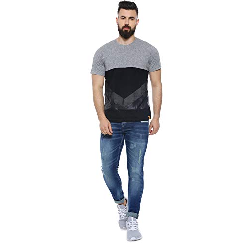 Image of CAHOOT Men' Denim Jeans for Regular Wear Blue Dark Wash Patchwork Slim Fit Jeans Crafted with Comfort Fit and High Performance for Everyday Casual Wear